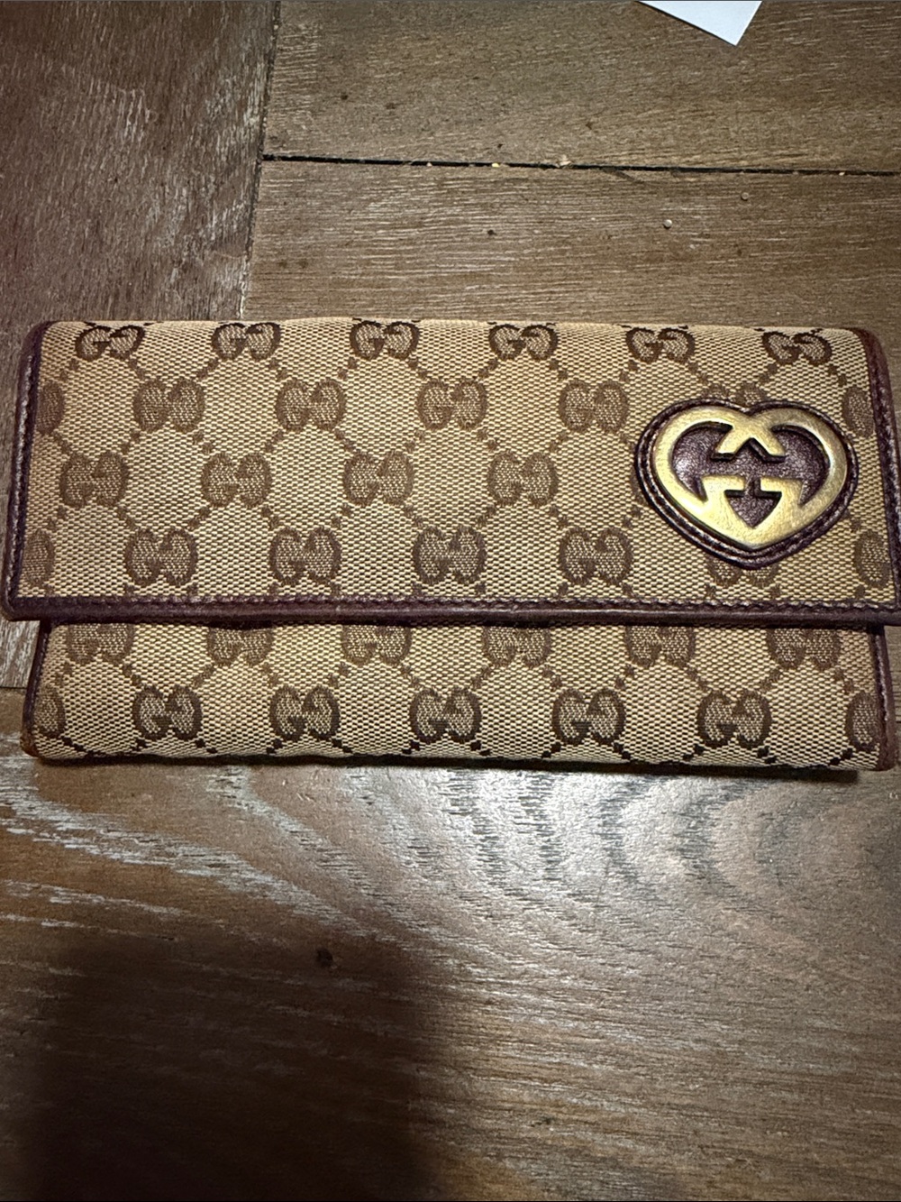 Gucci Beige Monogram Continental Wallet with Burgundy Trim and Heart GG